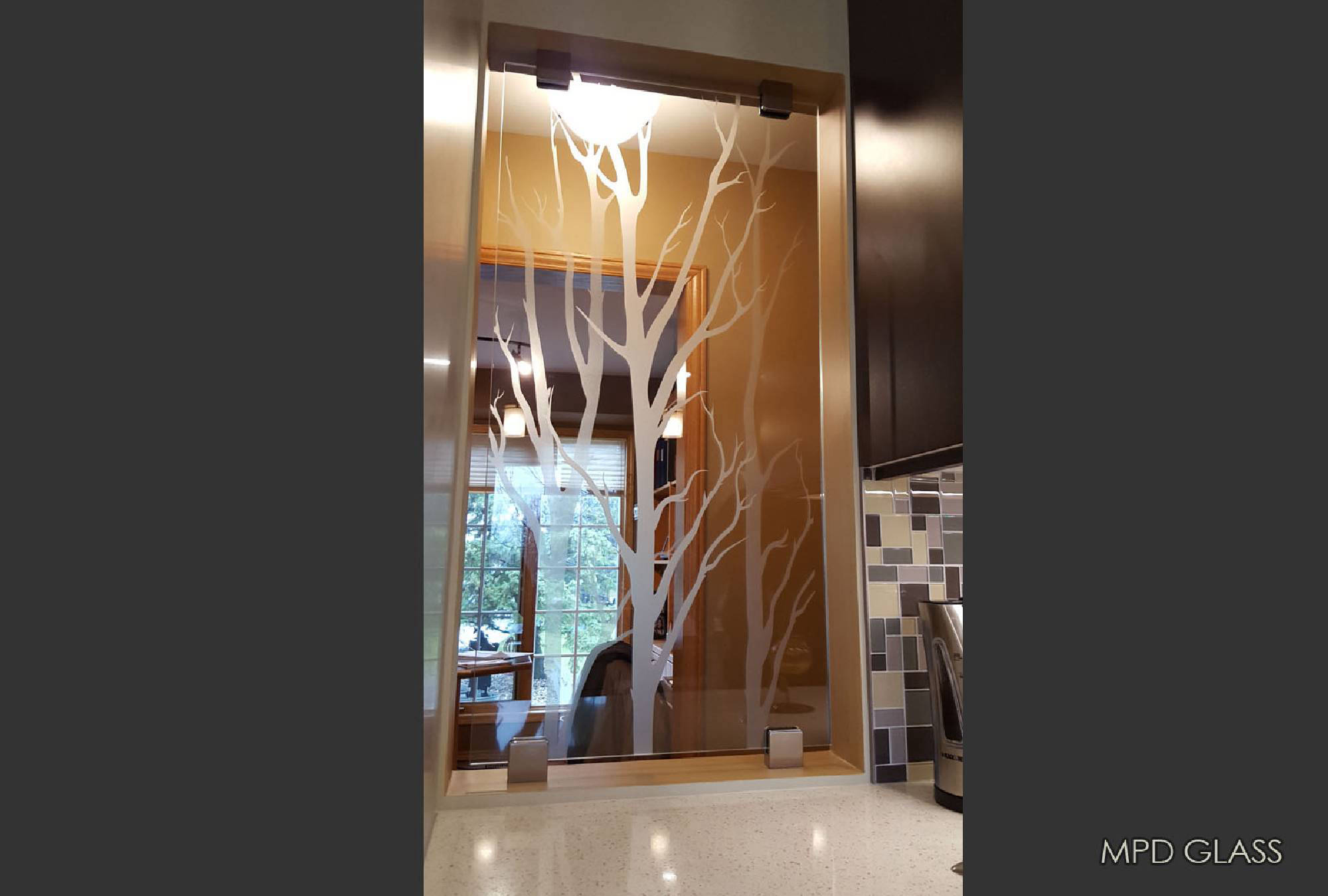  Small kitchen divider with etched tree design